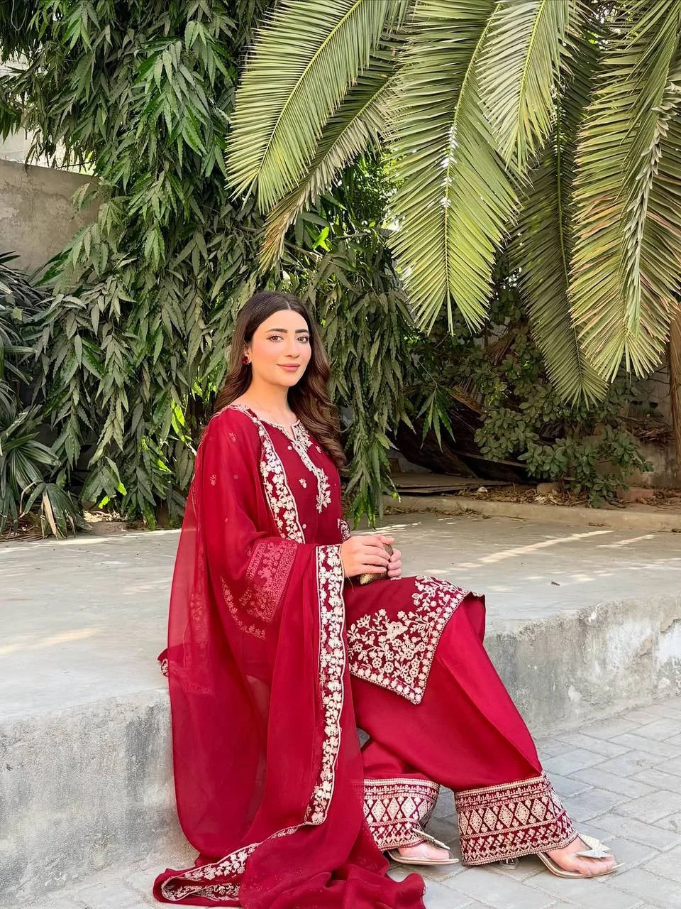 Ruby Red Sequin Embroidery Top & Plazzo Suit with Designer Dupatta