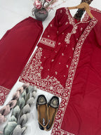 Ruby Red Sequin Embroidery Top & Plazzo Suit with Designer Dupatta