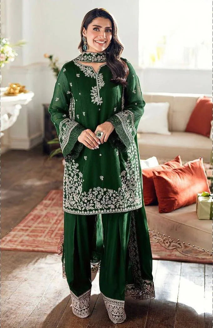 Graceful Green French Crepe Plazzo Suit with Heavy Sequence Work