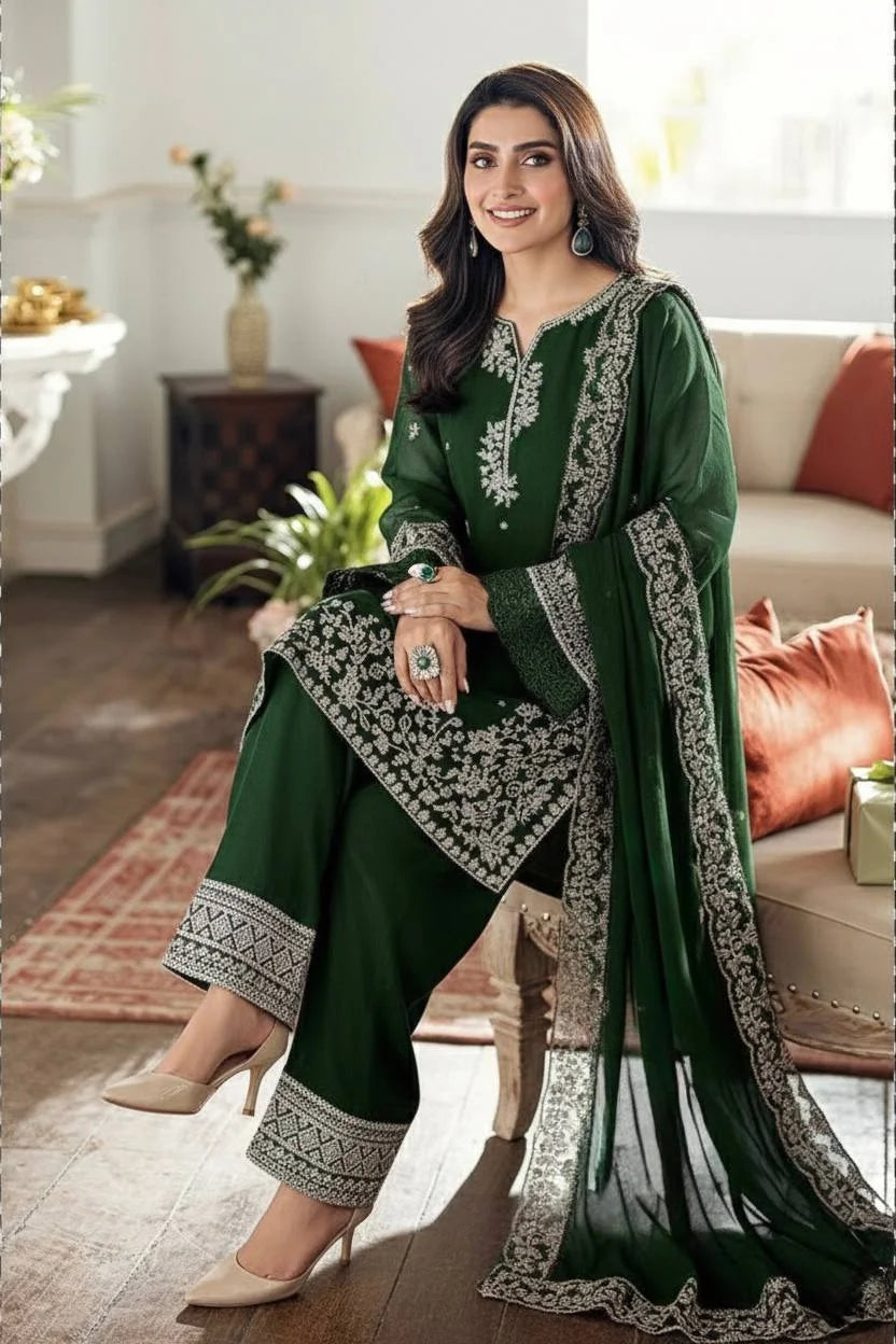 Graceful Green French Crepe Plazzo Suit with Heavy Sequence Work