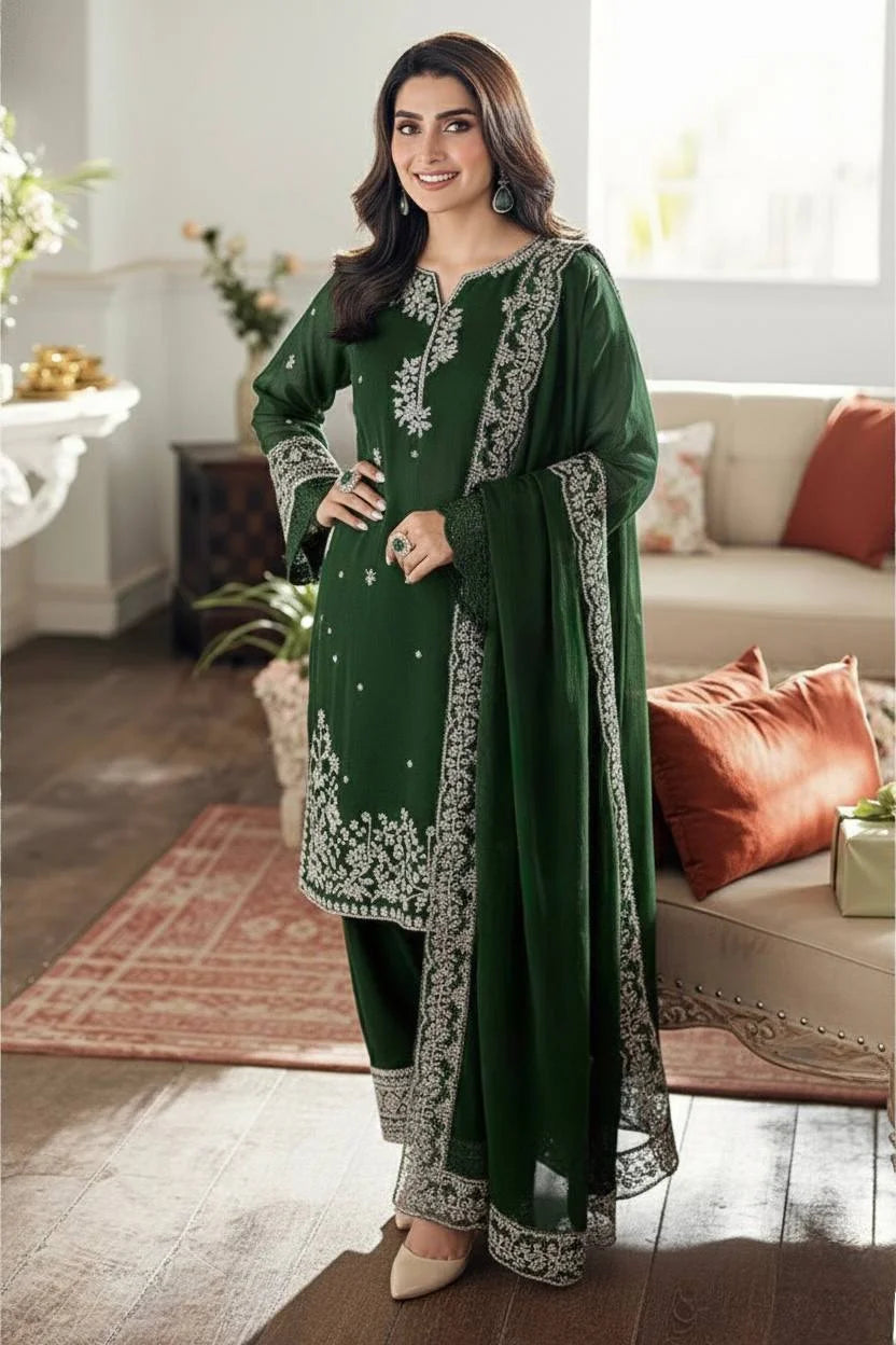 Graceful Green French Crepe Plazzo Suit with Heavy Sequence Work