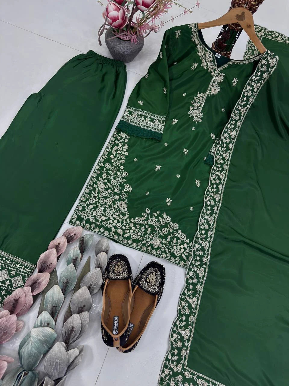 Graceful Green French Crepe Plazzo Suit with Heavy Sequence Work