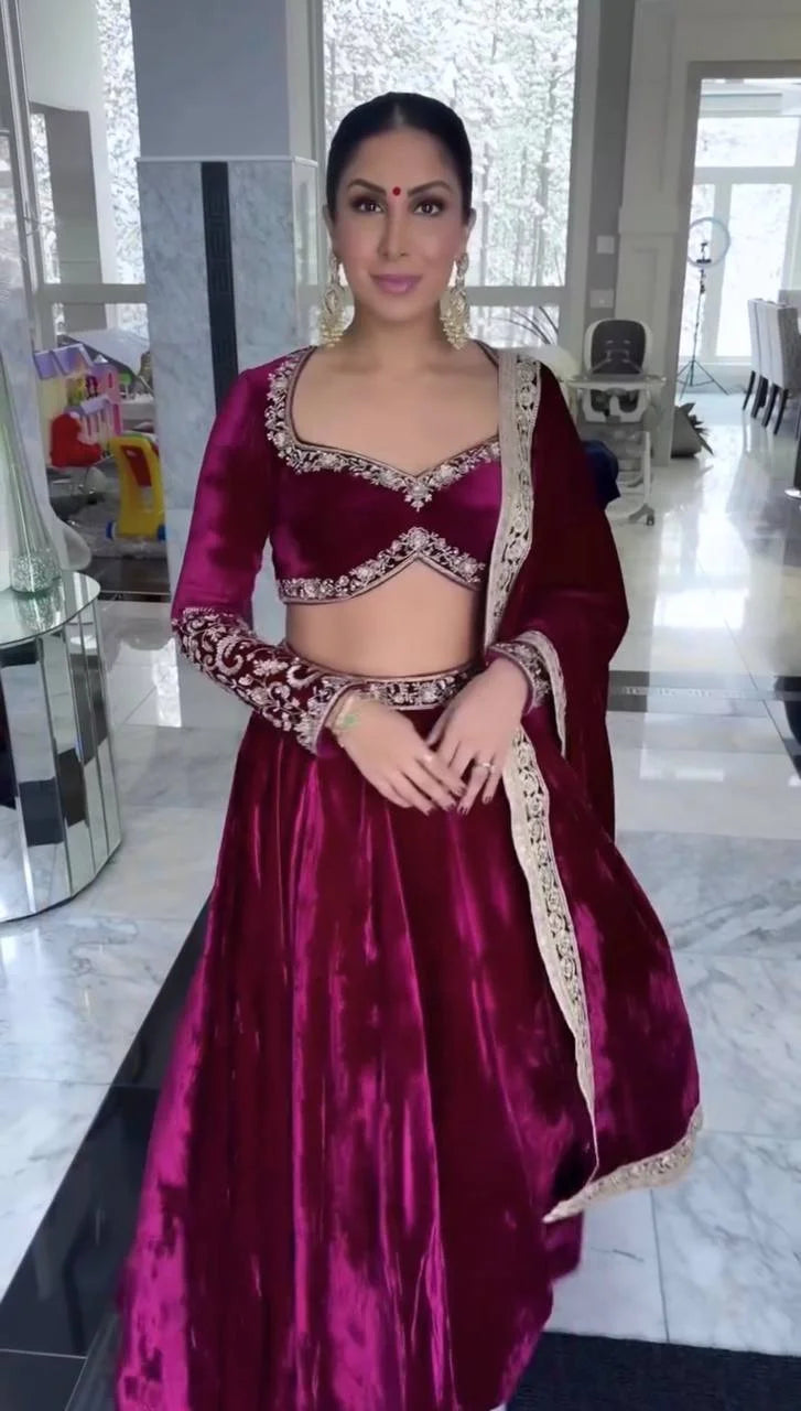 Classic 11000 Velvet Lehenga Set with Can-Can Flair & Rich Work