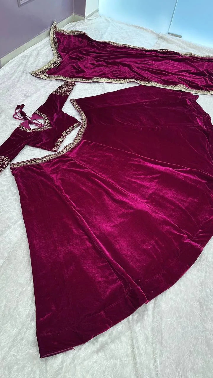 Classic 11000 Velvet Lehenga Set with Can-Can Flair & Rich Work