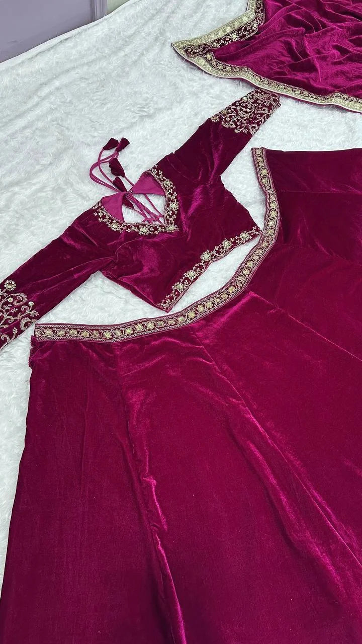 Classic 11000 Velvet Lehenga Set with Can-Can Flair & Rich Work