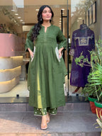 Elegant Green Handcrafted Cotton Suit Set with Matching Pant and Dupatta