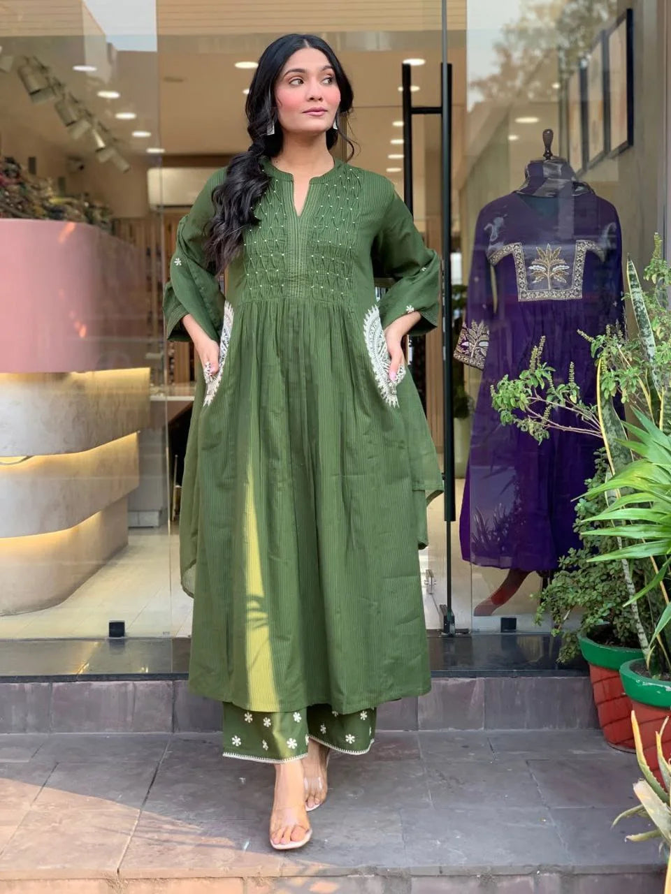 Elegant Green Handcrafted Cotton Suit Set with Matching Pant and Dupatta