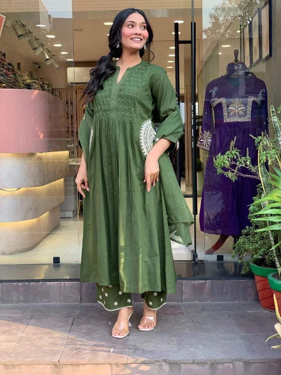 Elegant Green Handcrafted Cotton Suit Set with Matching Pant and Dupatta