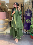 Elegant Green Handcrafted Cotton Suit Set with Matching Pant and Dupatta