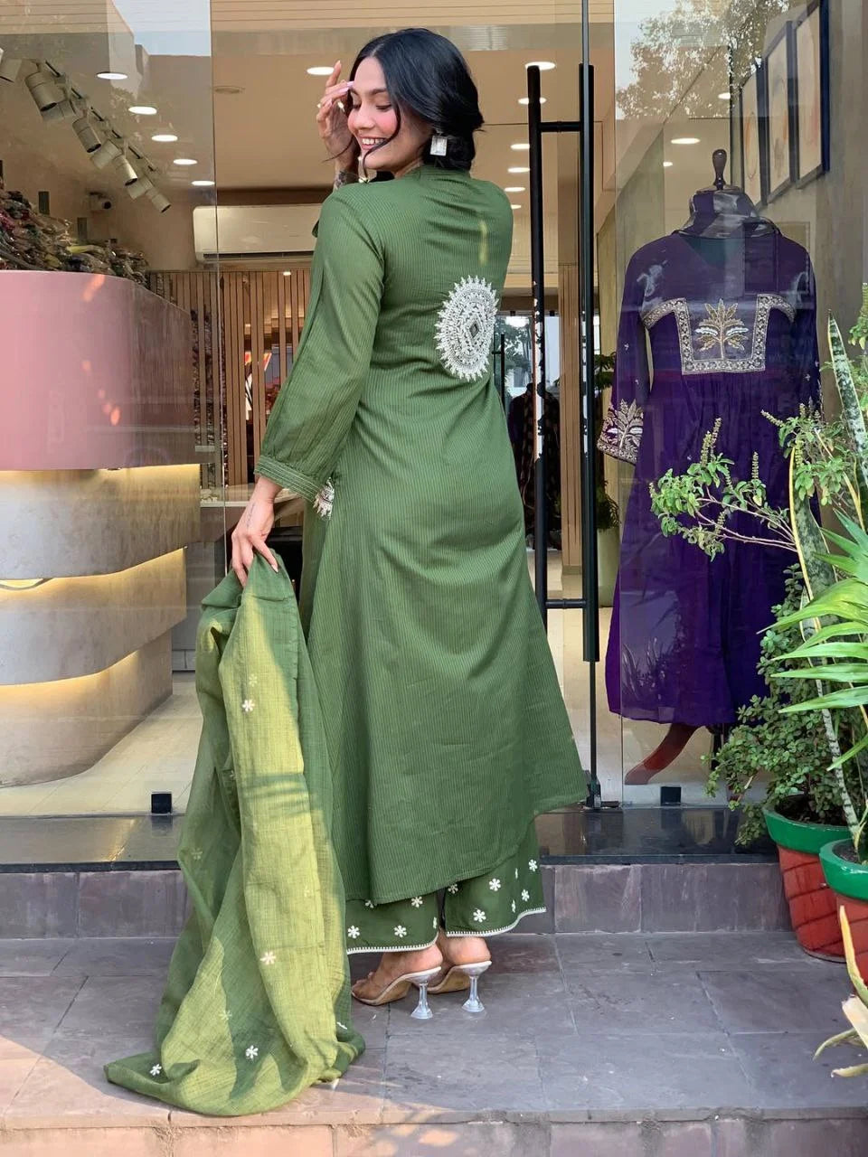Elegant Green Handcrafted Cotton Suit Set with Matching Pant and Dupatta
