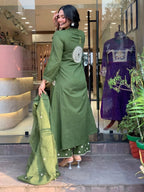 Elegant Green Handcrafted Cotton Suit Set with Matching Pant and Dupatta