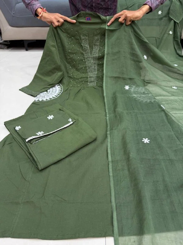 Elegant Green Handcrafted Cotton Suit Set with Matching Pant and Dupatta