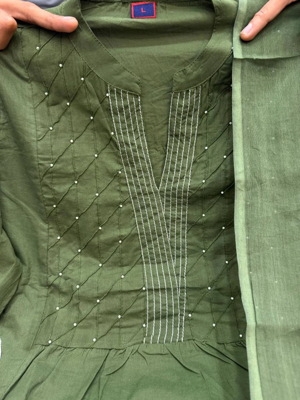 Elegant Green Handcrafted Cotton Suit Set with Matching Pant and Dupatta