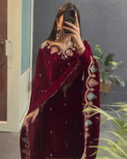 Maroon Velvet Embroidered Suit Set Designer Top, Pant & Dupatta