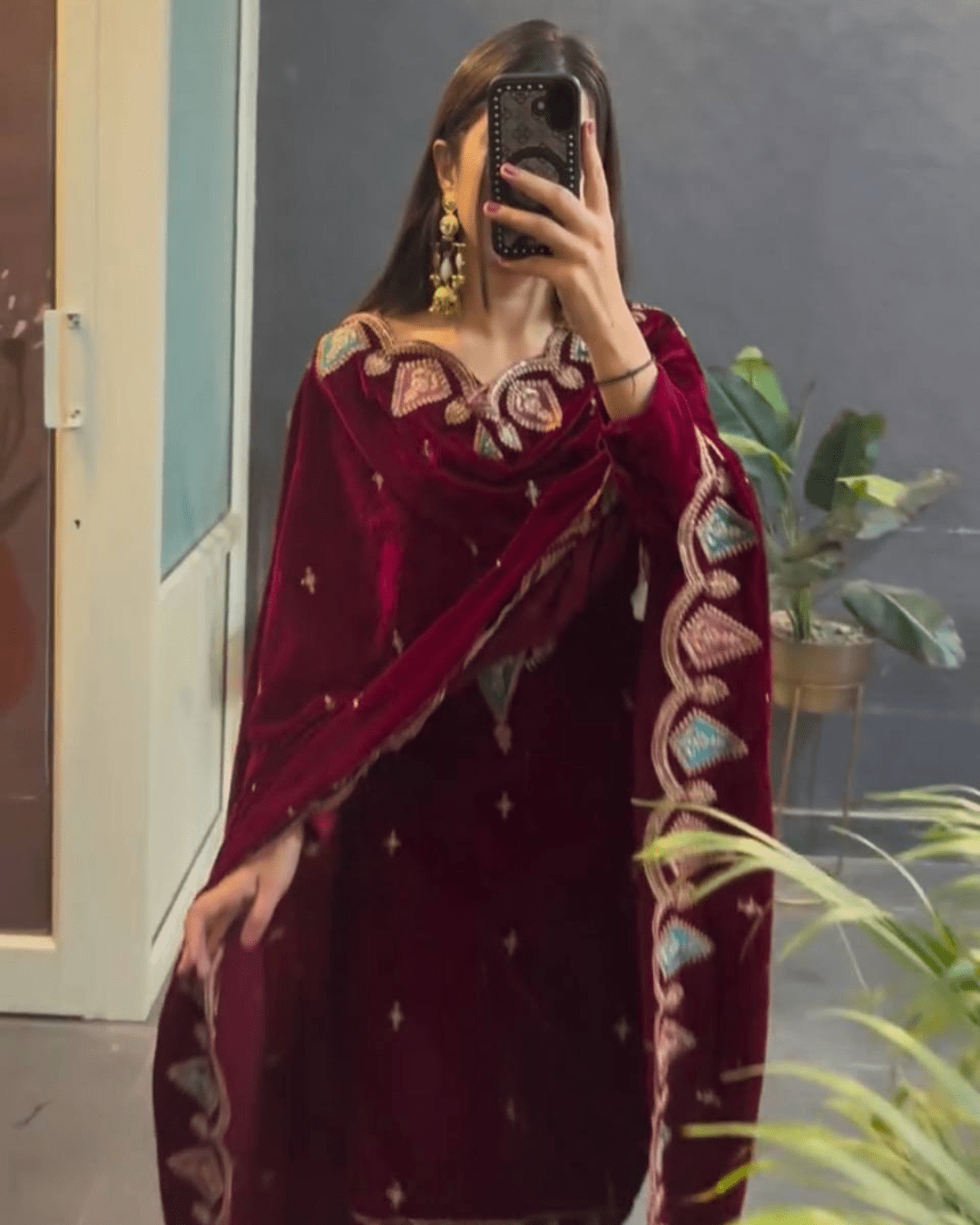 Maroon Velvet Embroidered Suit Set Designer Top, Pant & Dupatta