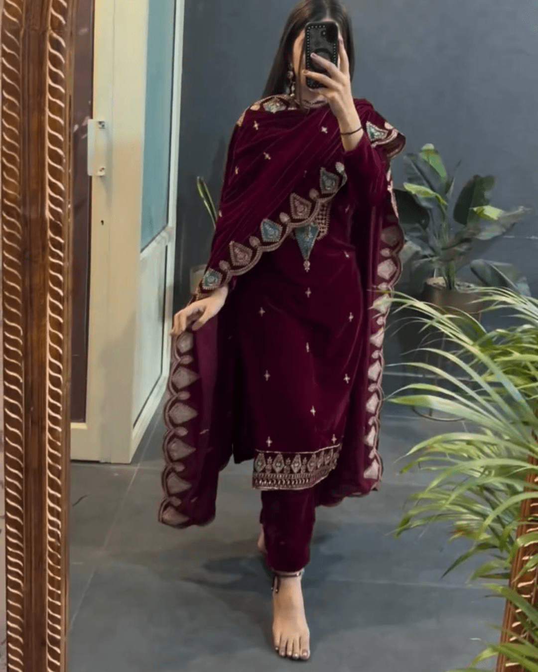 Maroon Velvet Embroidered Suit Set Designer Top, Pant & Dupatta