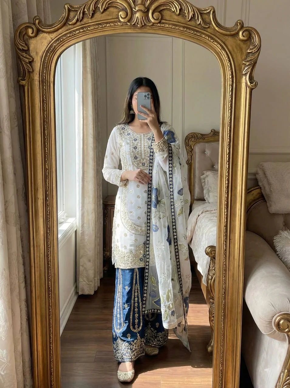 Luxury GMY Silk Ready-to-Wear Top Plazzo Set with Organza Dupatta