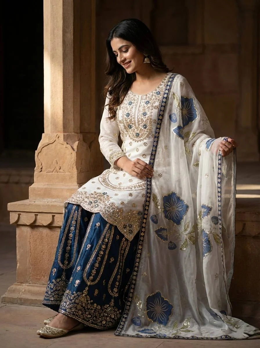 Luxury GMY Silk Ready-to-Wear Top Plazzo Set with Organza Dupatta