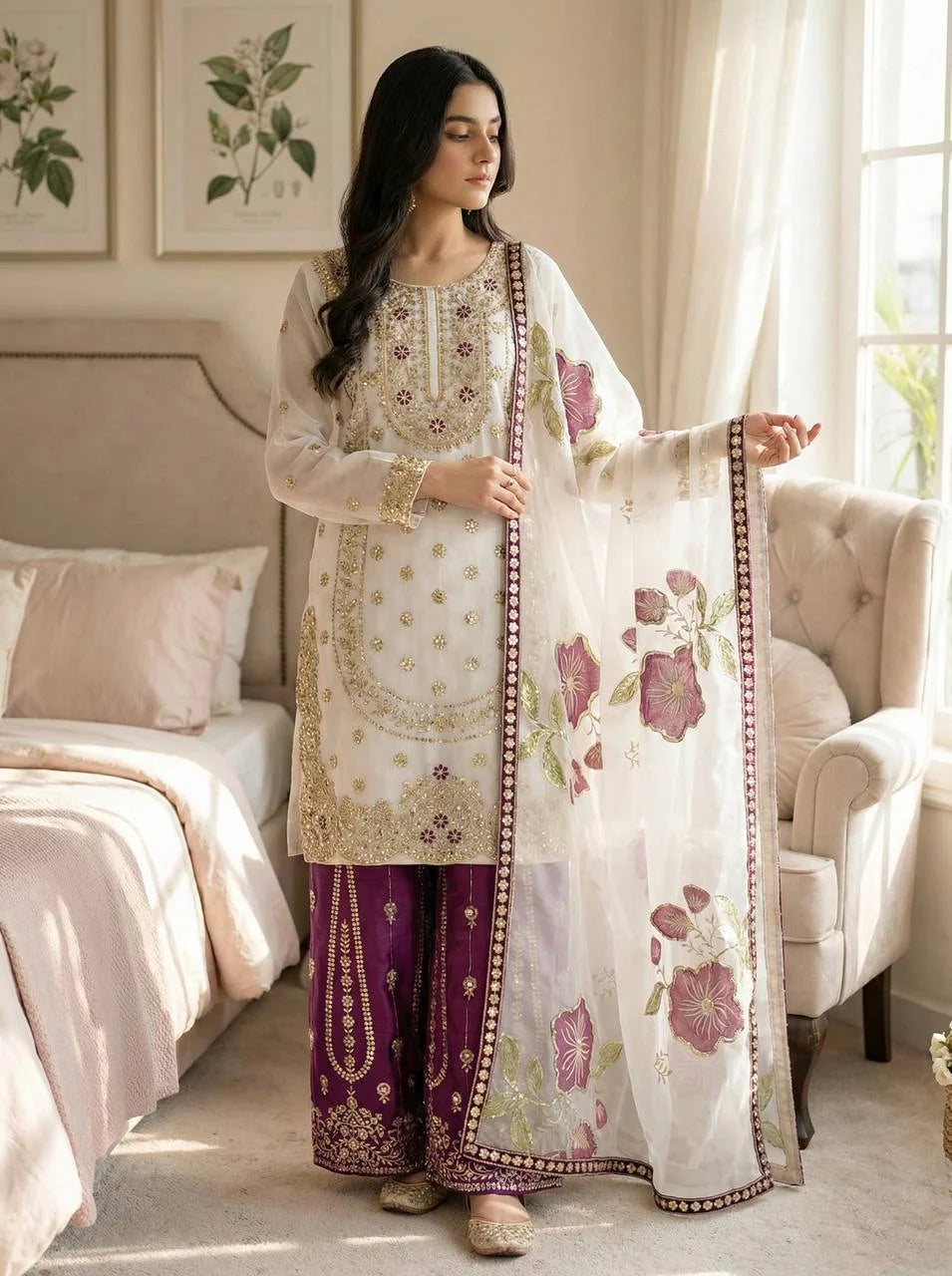 Stylish GMY Silk Top and Embroidered Plazzo with designer Dupatta