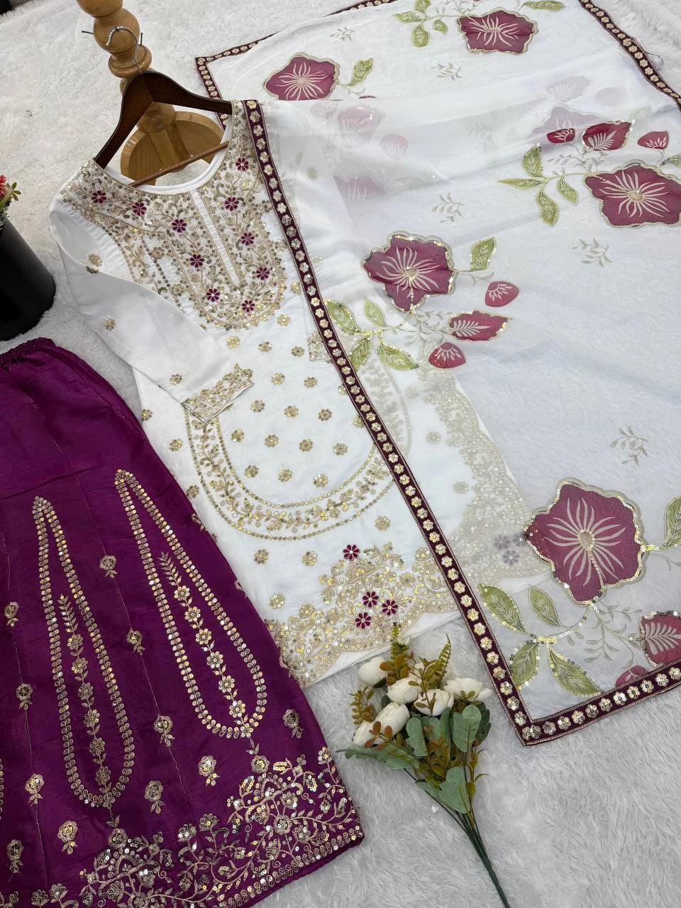 Stylish GMY Silk Top and Embroidered Plazzo with designer Dupatta