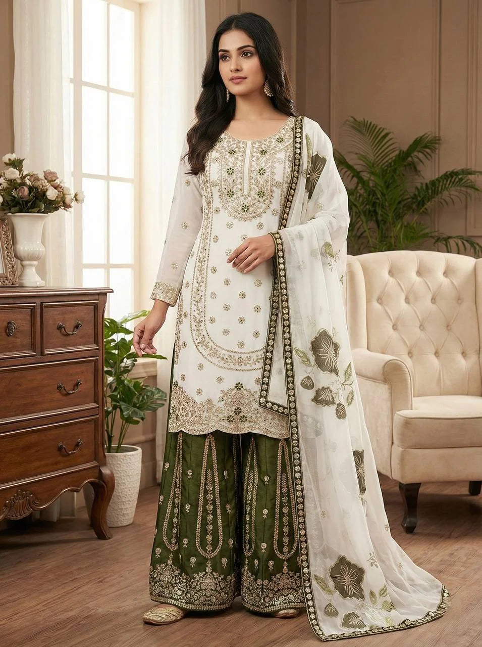 Green GMY Silk Embroidered Plazzo and Top with Dupatta