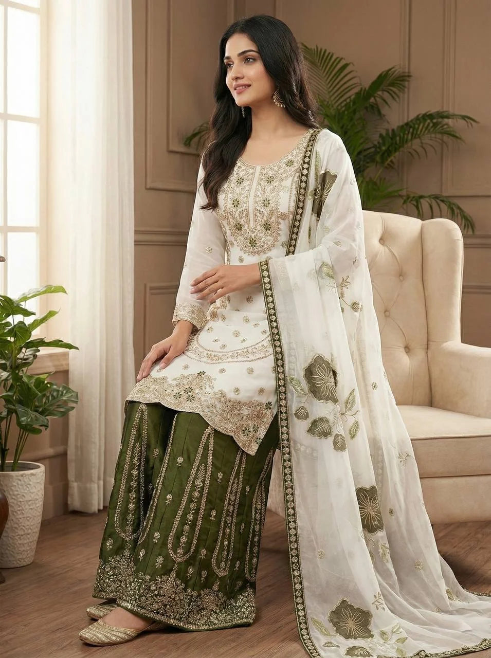 Green GMY Silk Embroidered Plazzo and Top with Dupatta