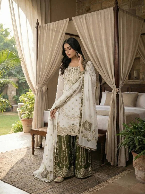 Green GMY Silk Embroidered Plazzo and Top with Dupatta