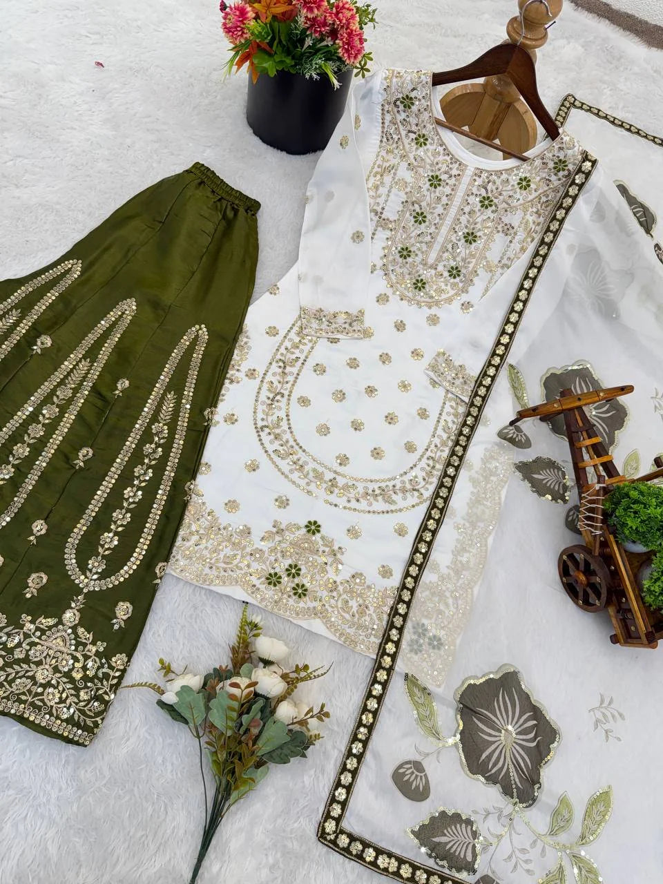 Green GMY Silk Embroidered Plazzo and Top with Dupatta