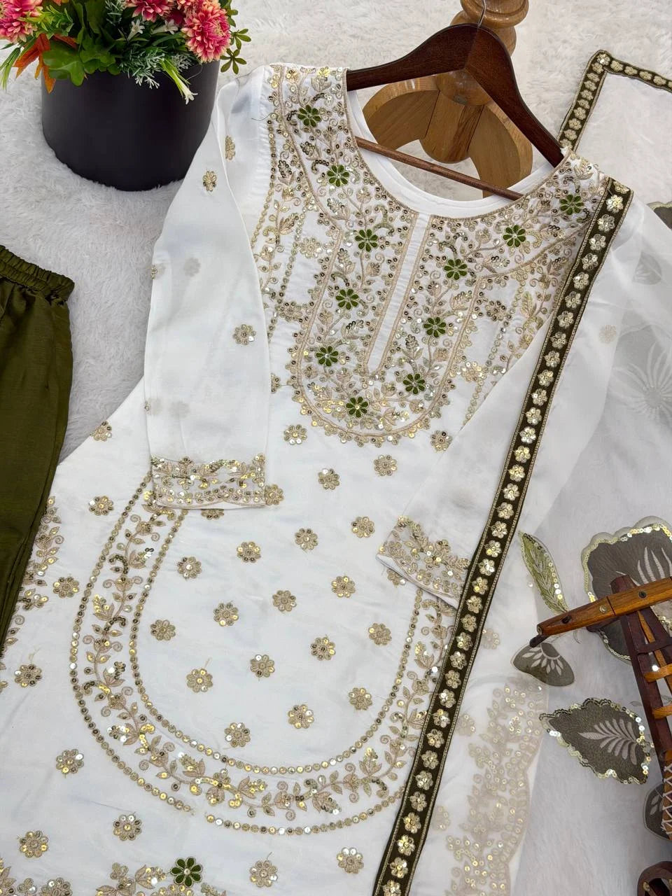 Green GMY Silk Embroidered Plazzo and Top with Dupatta