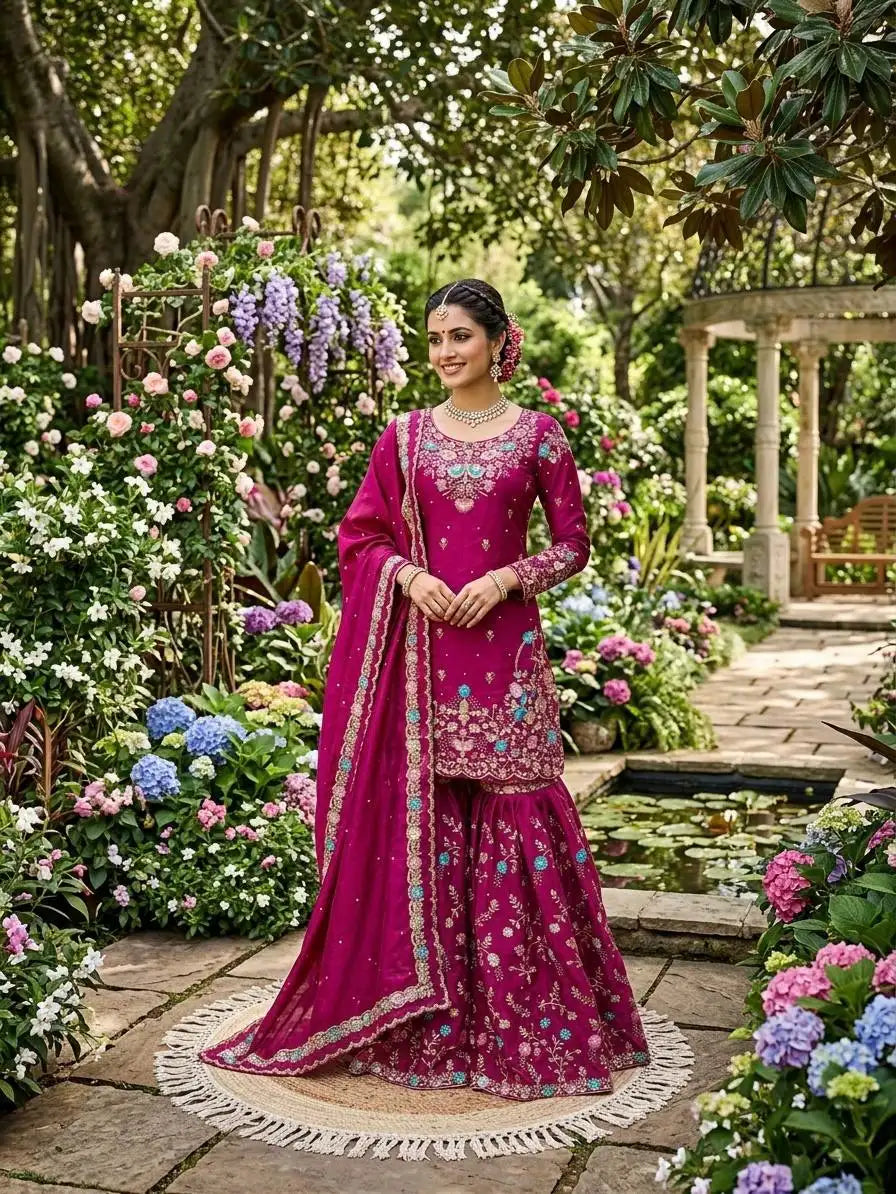 Trendy Eid Outfit Ethnic Kurta Sharara with Elegant Embroidered Dupatta