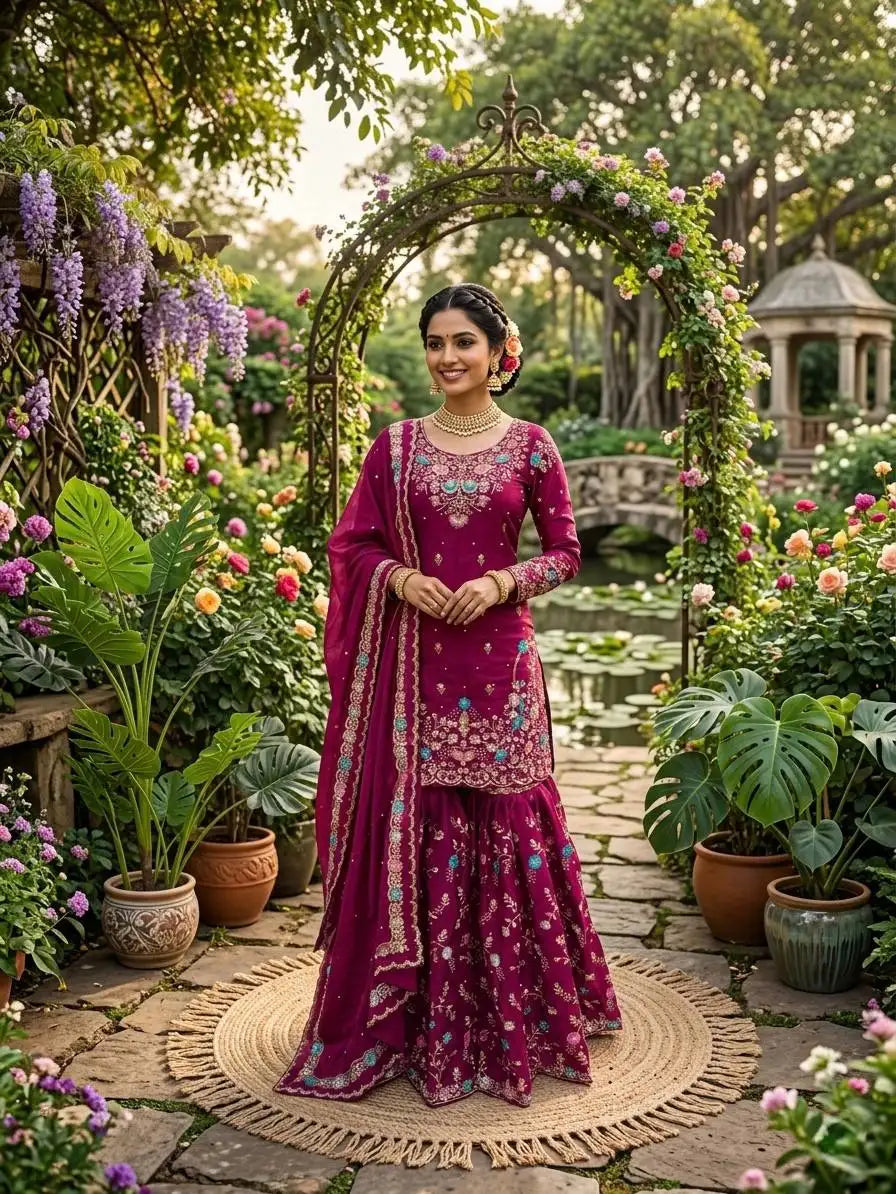 Trendy Eid Outfit Ethnic Kurta Sharara with Elegant Embroidered Dupatta