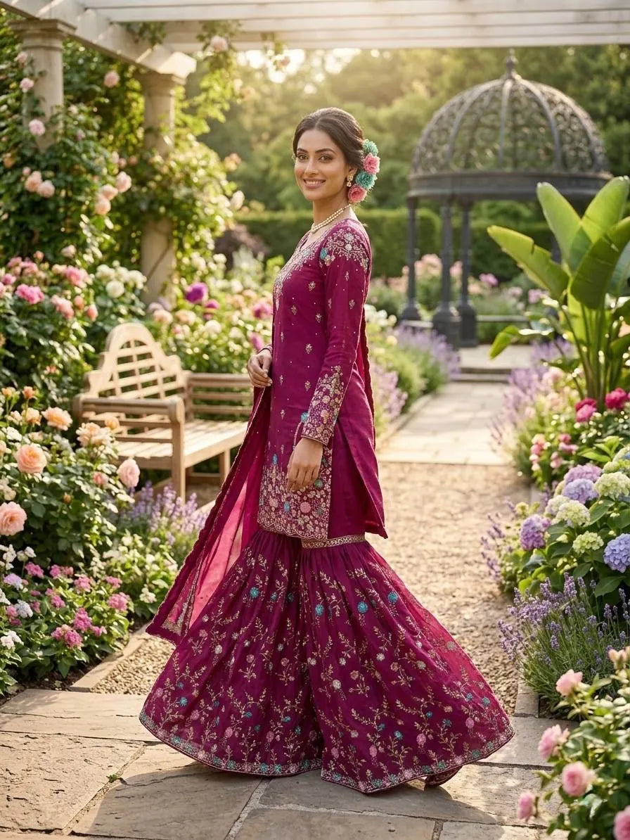 Trendy Eid Outfit Ethnic Kurta Sharara with Elegant Embroidered Dupatta