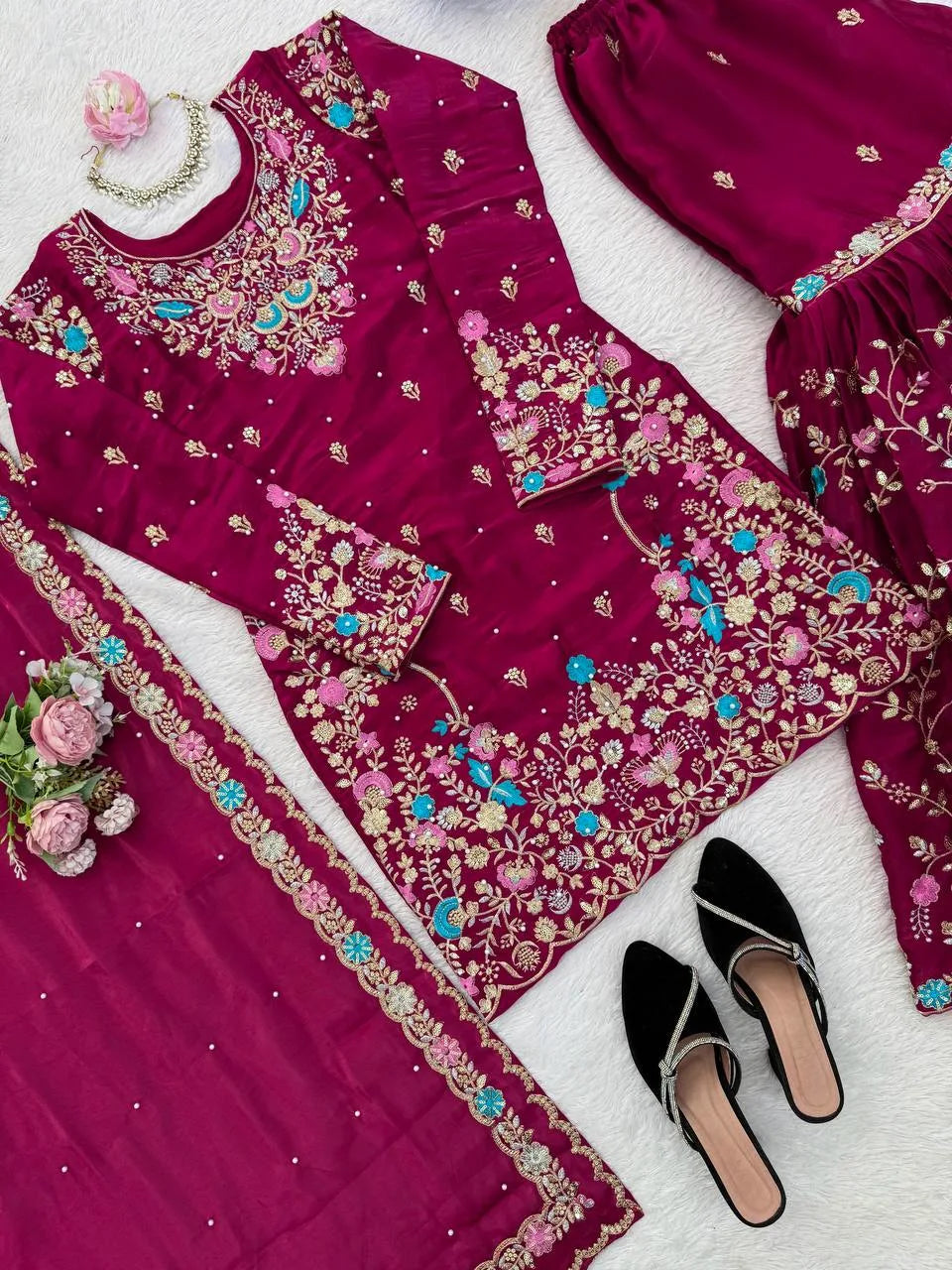 Trendy Eid Outfit Ethnic Kurta Sharara with Elegant Embroidered Dupatta