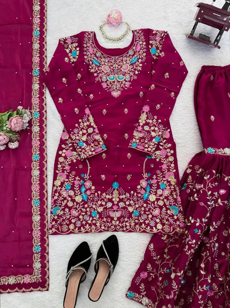 Trendy Eid Outfit Ethnic Kurta Sharara with Elegant Embroidered Dupatta