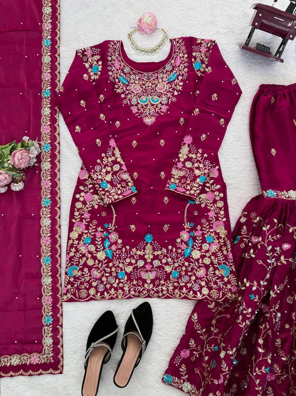Trendy Eid Outfit Ethnic Kurta Sharara with Elegant Embroidered Dupatta