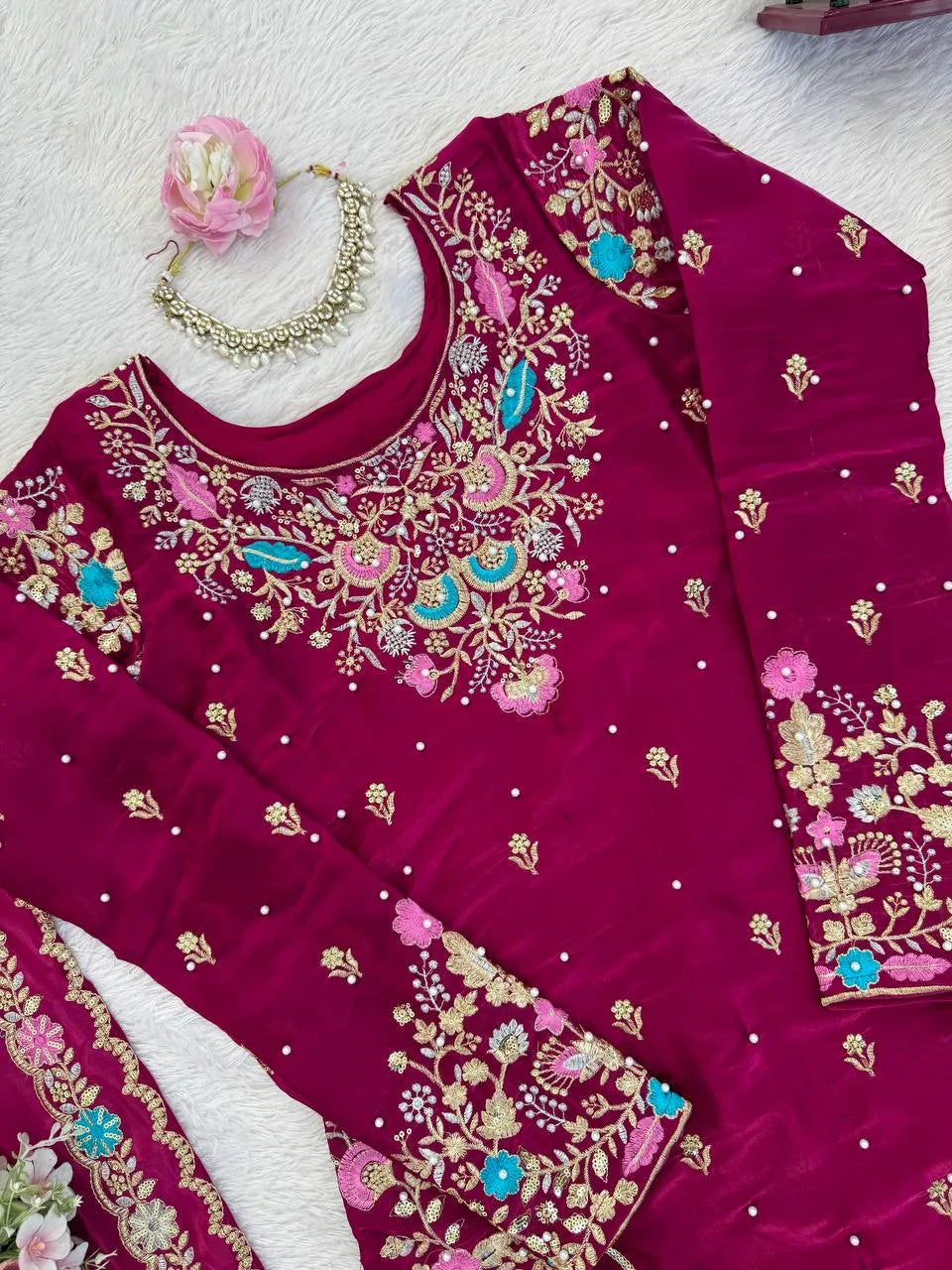 Trendy Eid Outfit Ethnic Kurta Sharara with Elegant Embroidered Dupatta