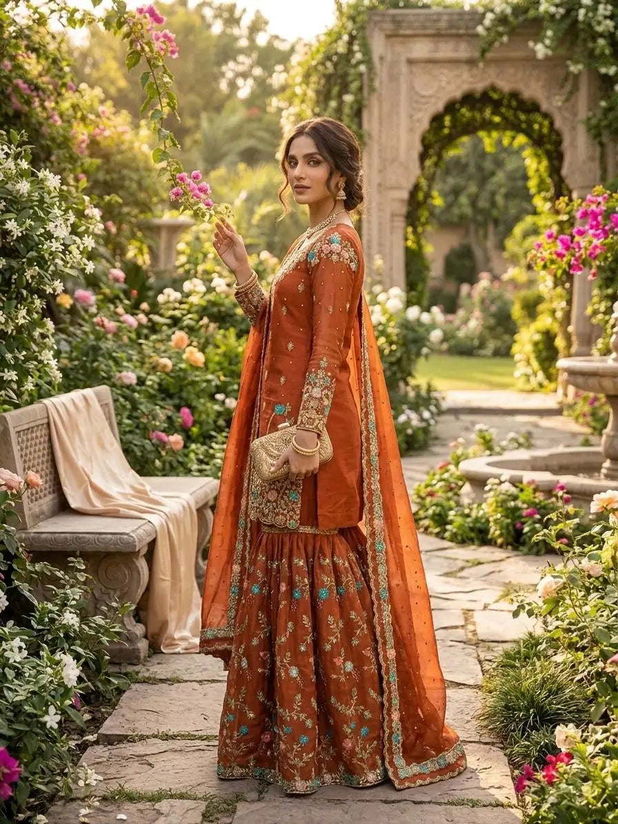 Trendy Eid Wear Ethnic Kurta Sharara with Elegant Embroidered Dupatta