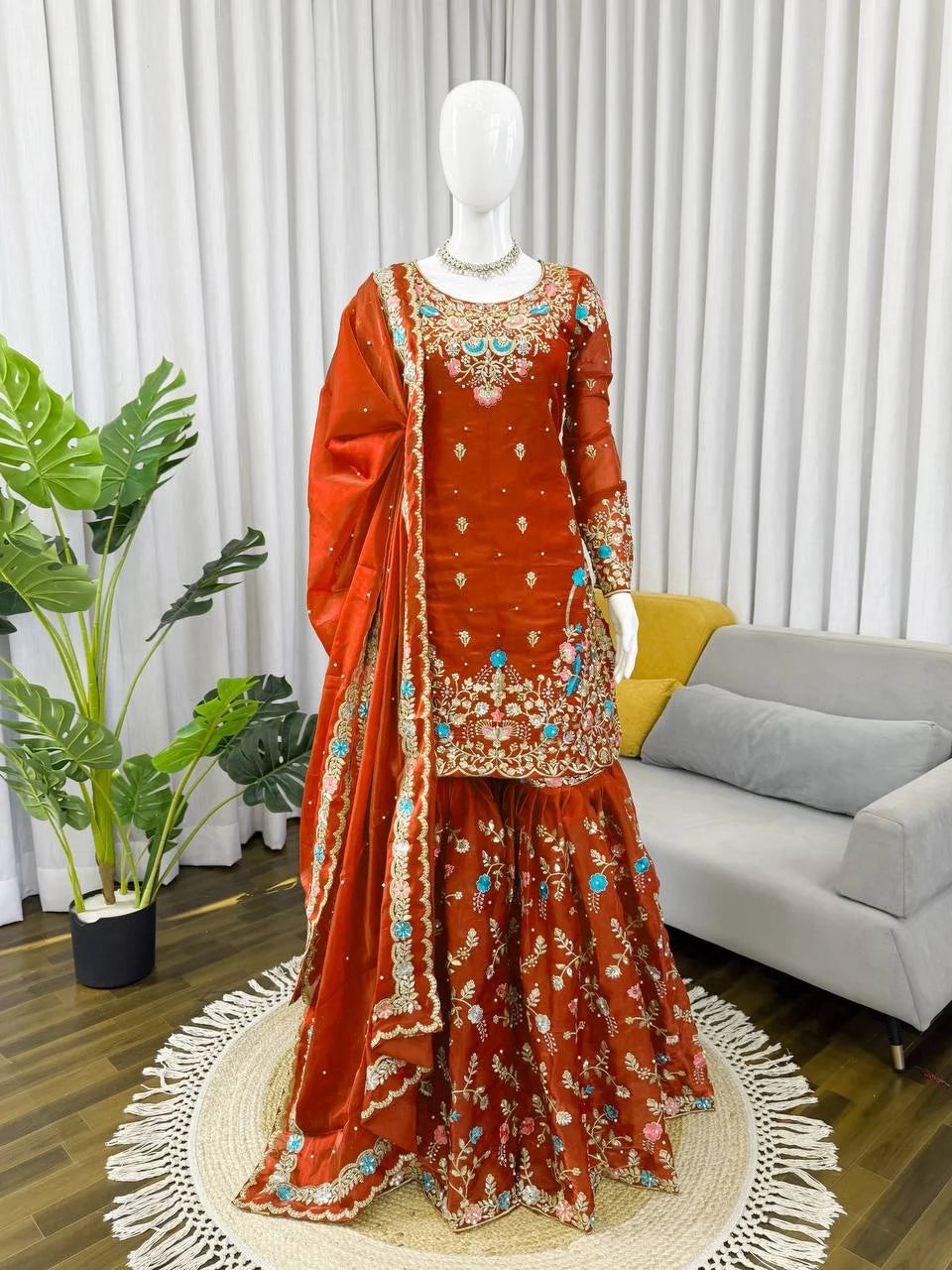 Trendy Eid Wear Ethnic Kurta Sharara with Elegant Embroidered Dupatta