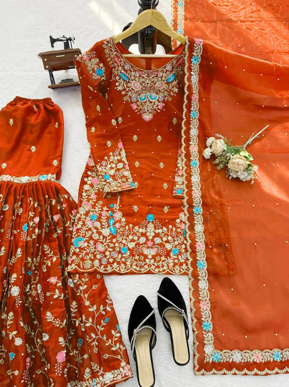 Trendy Eid Wear Ethnic Kurta Sharara with Elegant Embroidered Dupatta