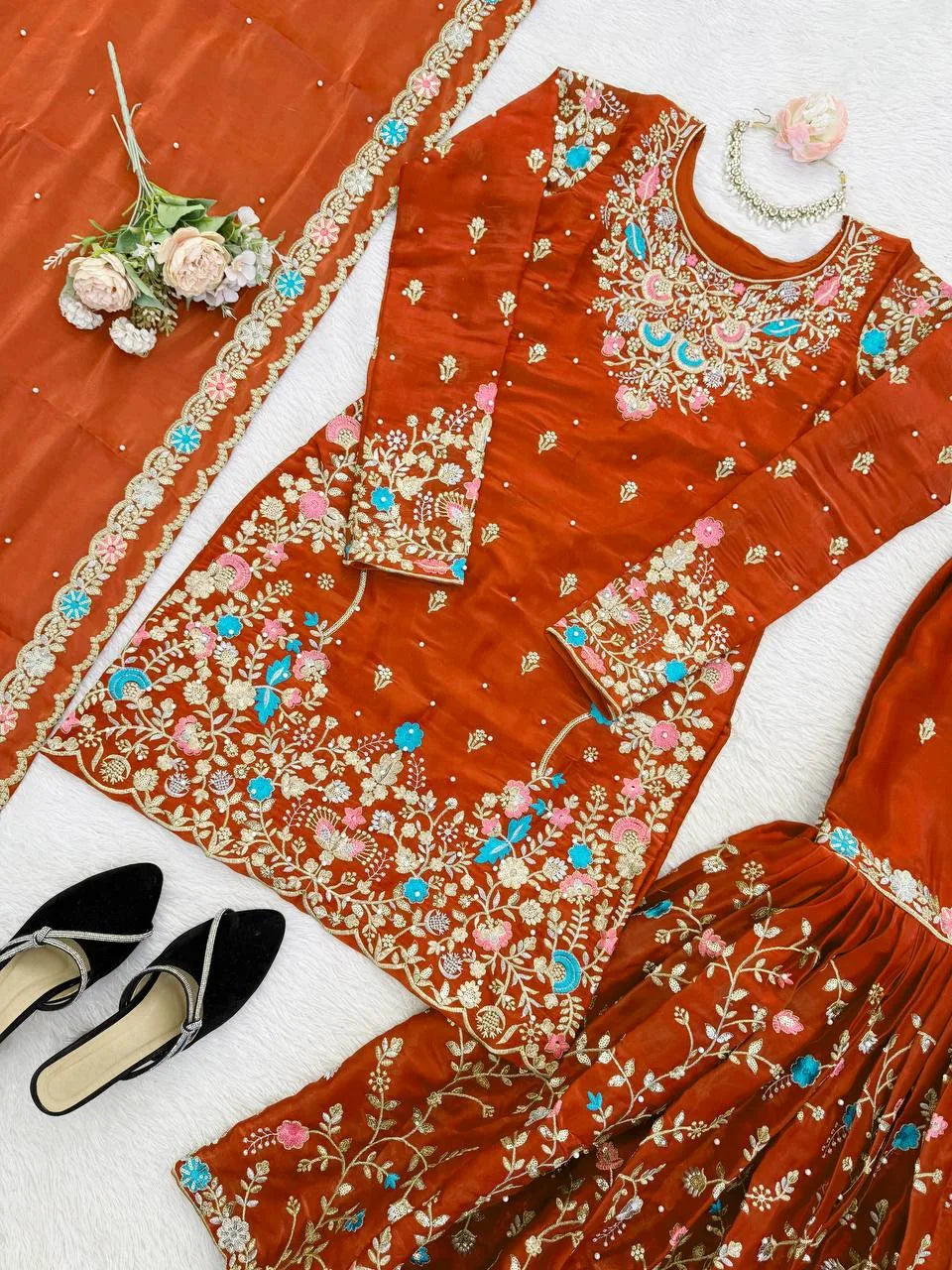 Trendy Eid Wear Ethnic Kurta Sharara with Elegant Embroidered Dupatta