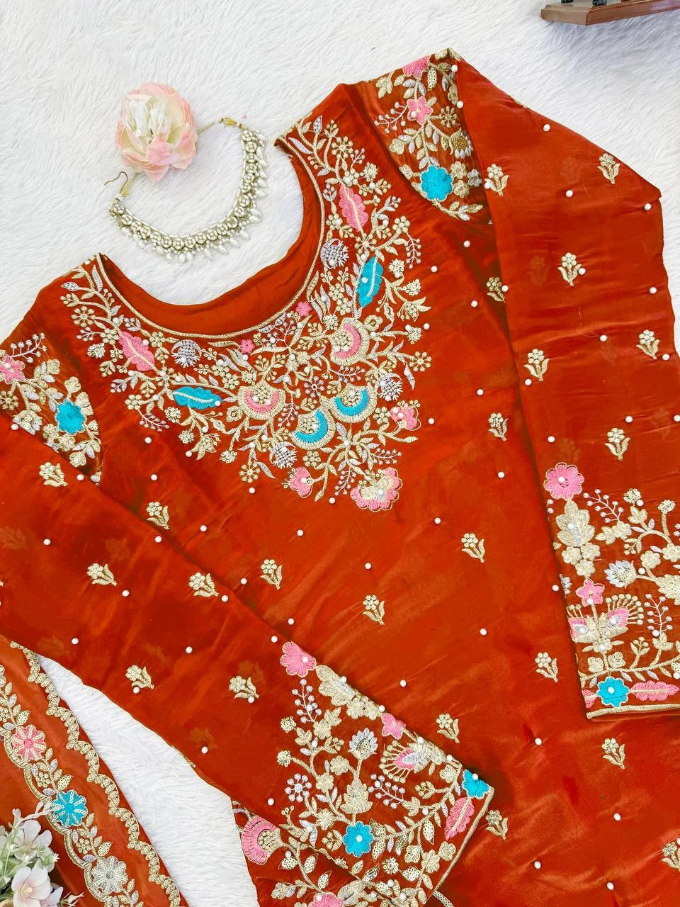 Trendy Eid Wear Ethnic Kurta Sharara with Elegant Embroidered Dupatta