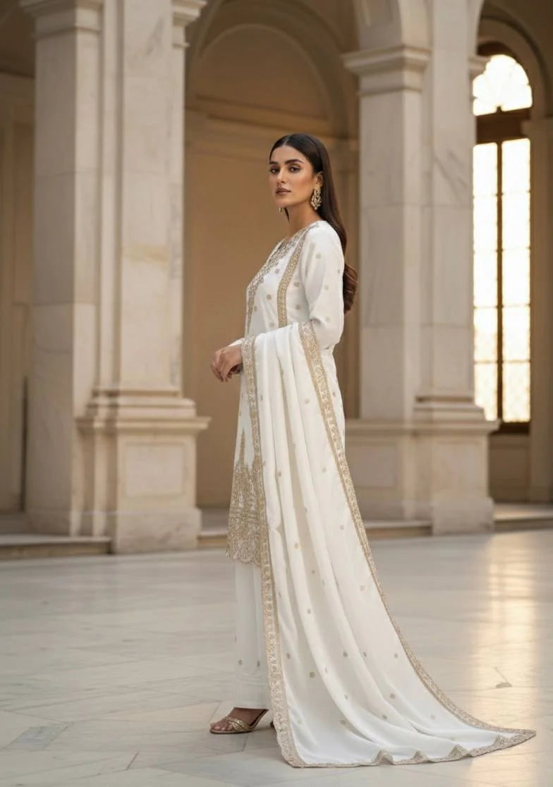 Luxury White Jimmy Choo Party Wear Plazzo Set