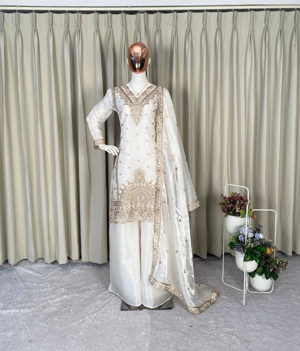 Luxury White Jimmy Choo Party Wear Plazzo Set