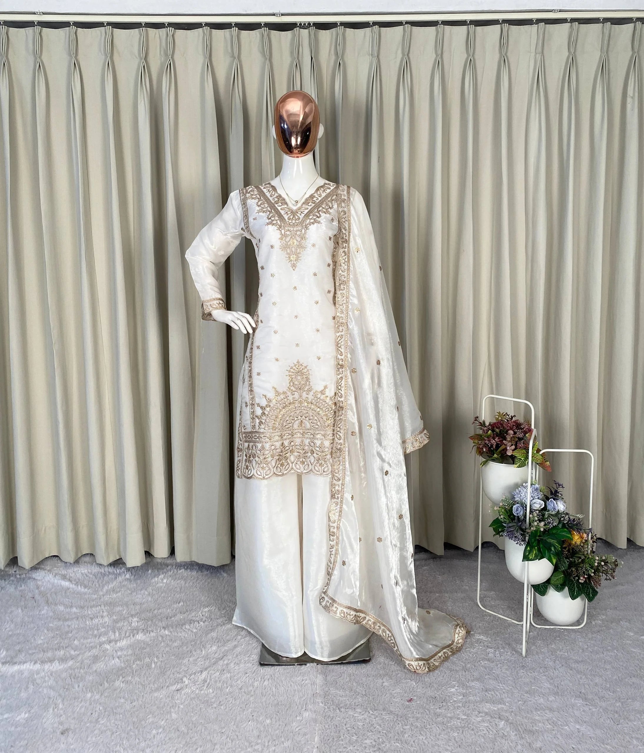 Luxury White Jimmy Choo Party Wear Plazzo Set