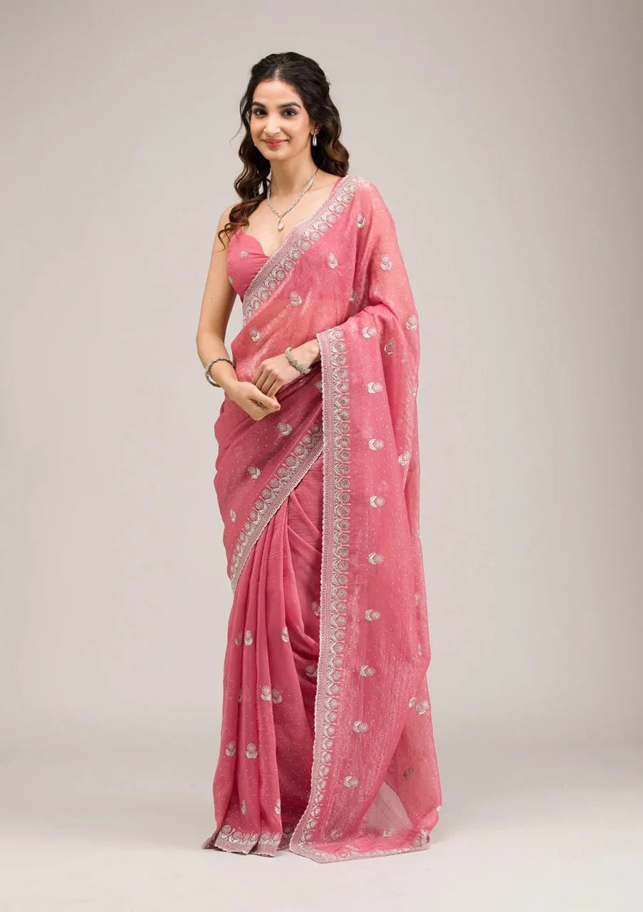 Party Wear Chiffon Saree with FancyCutwork Border & Diamond Embroidery