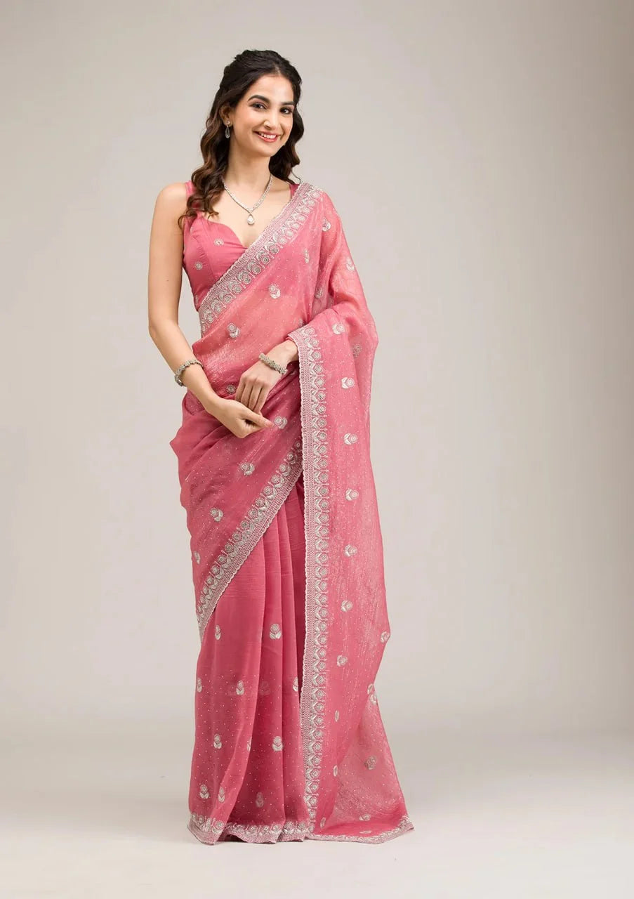 Party Wear Chiffon Saree with FancyCutwork Border & Diamond Embroidery