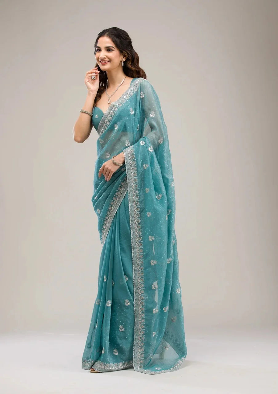 Chic Party Style Crunchy Chiffon Saree with Zari Diamond Work
