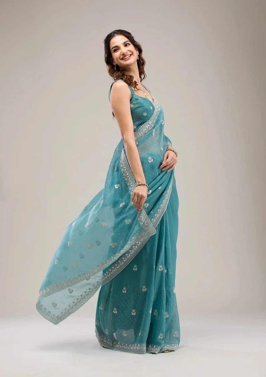Chic Party Style Crunchy Chiffon Saree with Zari Diamond Work