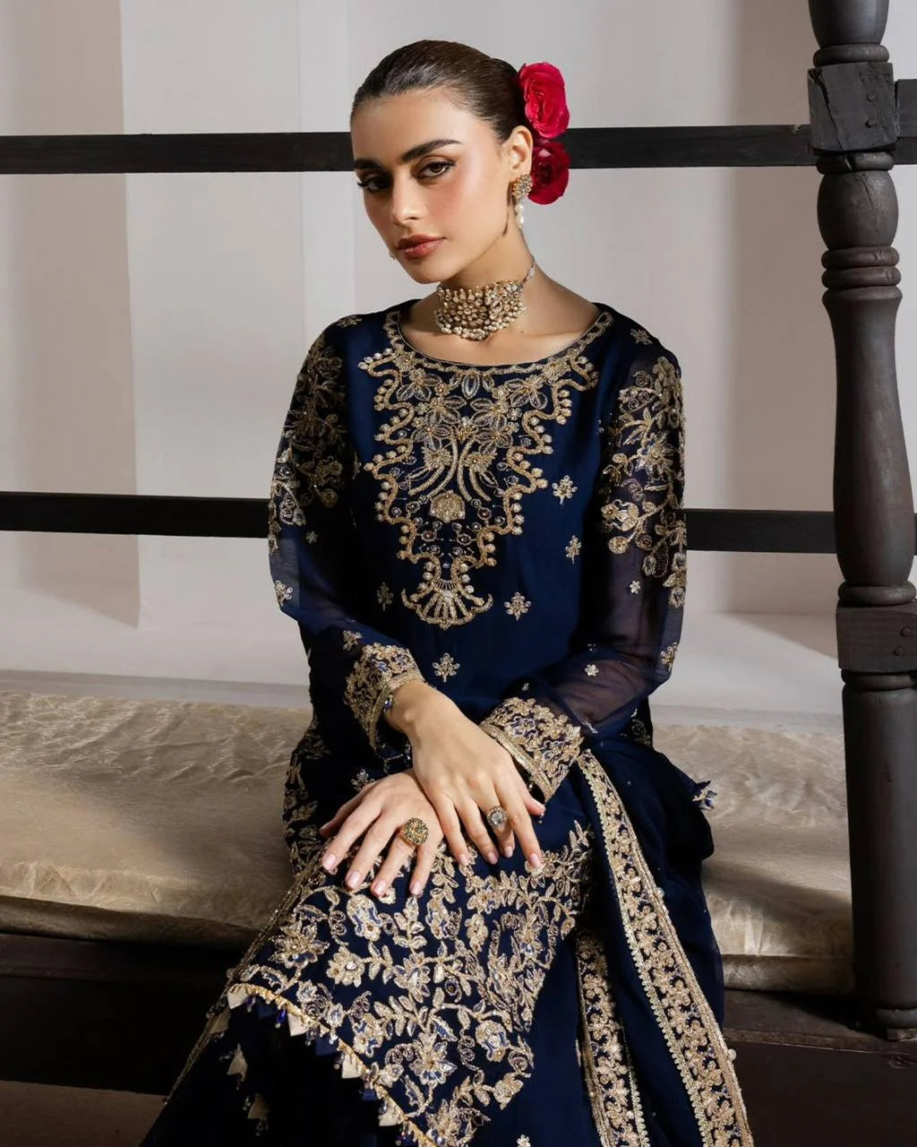 Luxury GMY Silk Embroidered Top Plazzo Set with Dupatta