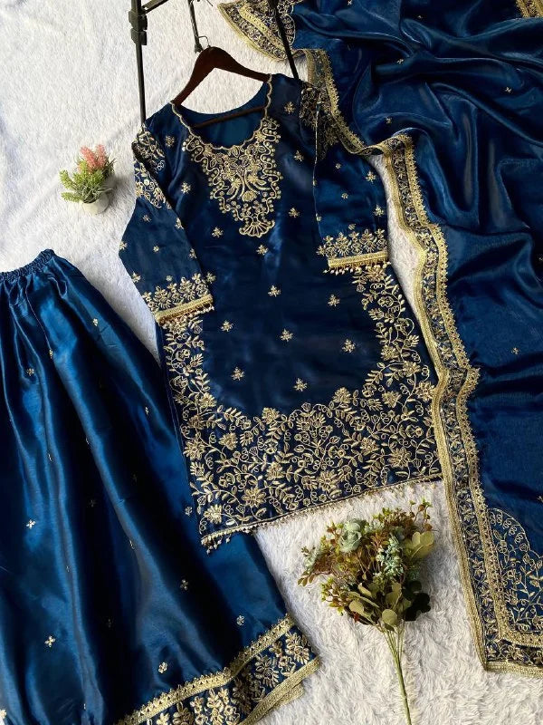 Luxury GMY Silk Embroidered Top Plazzo Set with Dupatta
